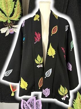 Insect Leaf Embroidered Jacket S Open Front Kimono Butterfly Black Botanical